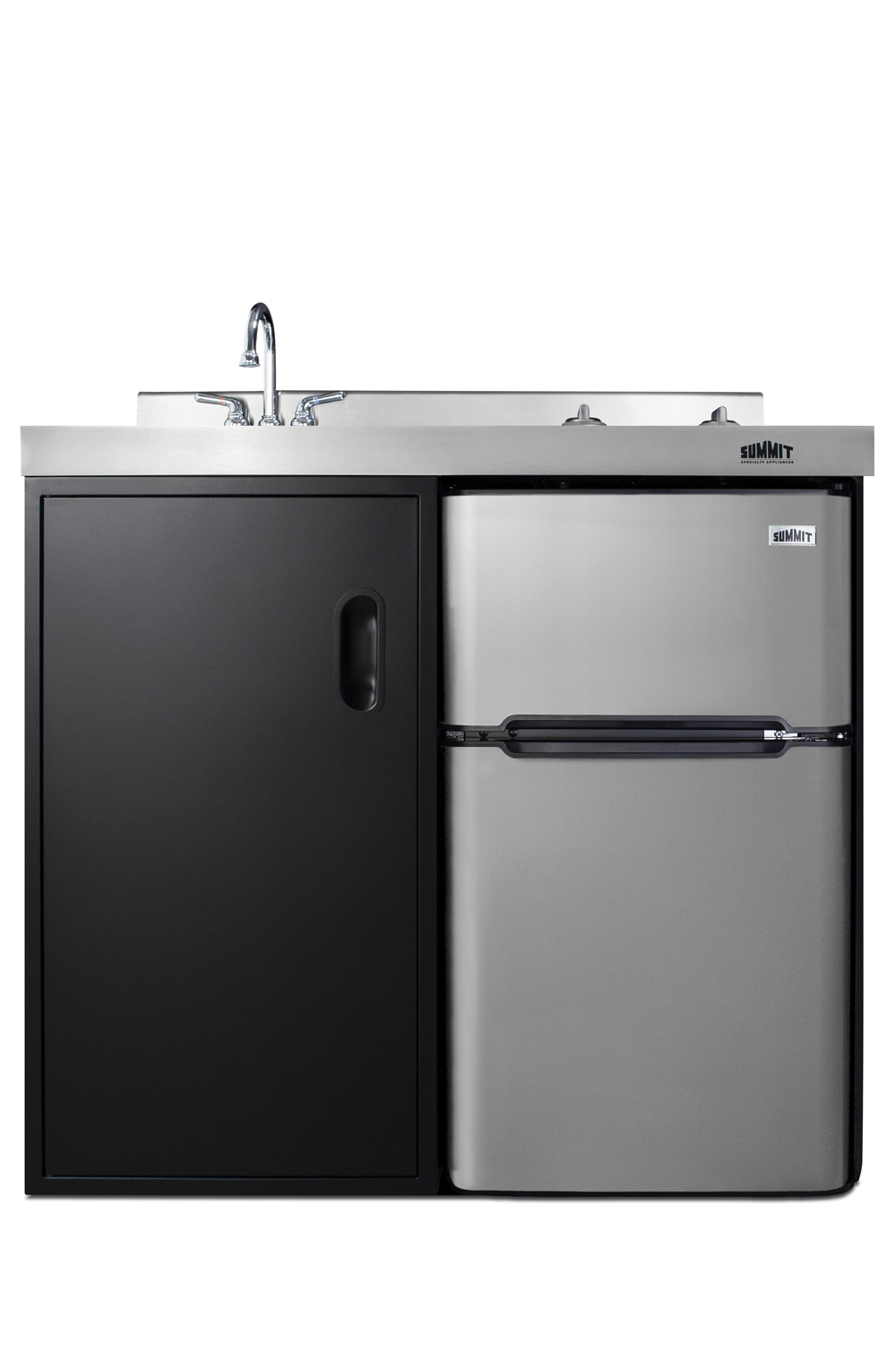 39 inch wide all-in-one kitchenette in black with a 2-burner 115V smooth-top cooktop, 2-door refrigerator-freezer, sink, and storage cabinet